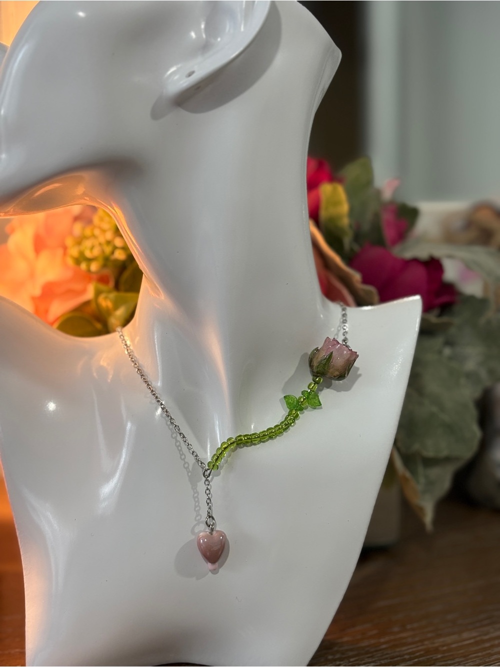 Delicate Pink Rosebud Pendant Necklace with Green Stem